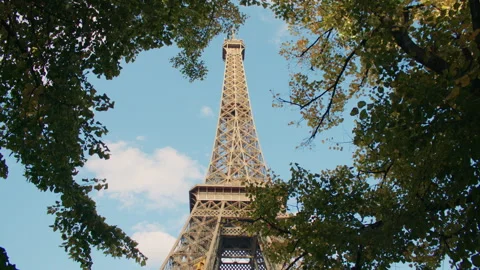 Low angle overview of the Eiffel tower, from spire to base. Stock Footage 313412463