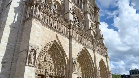 Low Angle Pan Across Notre Dame Cathedral Facade in Paris Stock Footage 347050055