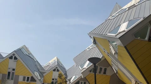 Low Angle Pan of the Cube Houses in Rotterdam, Netherlands Stock Footage 316407491