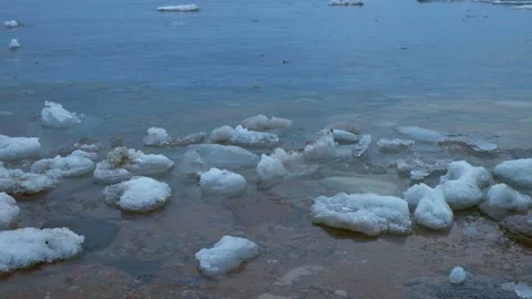 Low Angle Pan of Melting Spring Ice Along the Shore of Georgian Bay at Twilight Stock Footage 180759284