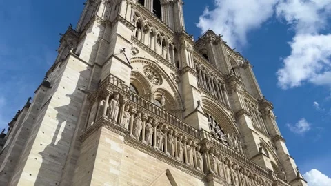 Low Angle Pan of Notre Dame Cathedral Facade in Paris Stock Footage 346937807
