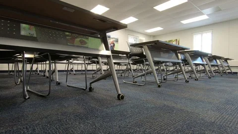 Low Angle Pan Shot of Empty Classroom Stock Footage 114824833
