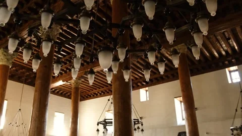 Low Angle Panning Shot of Ornate Mosque Chandelier and Interior Stock Footage 325746233
