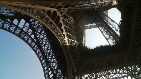 Low angle panoramic view of the Eiffel Tower Stock Footage 97102957