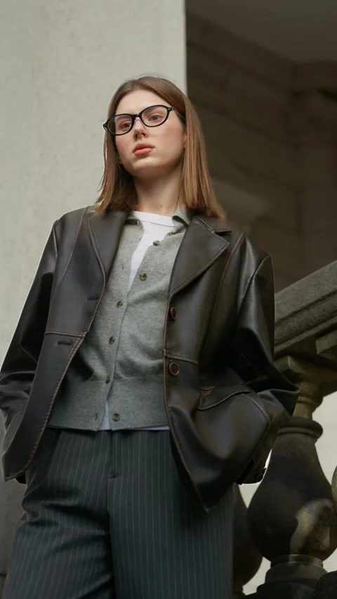 Low angle parallax shot of smart fashion model in glasses standing on Stock-Footage 324454722