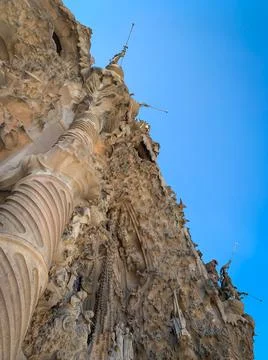 Low angle part view of the stone elements of Nativity Facade of Sagrada Familia Stock Photos
