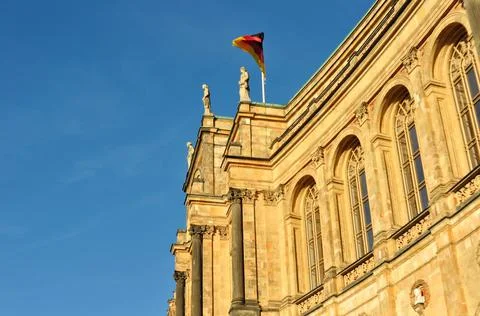 Low-angle partial view of the Maximilianeum palatial building with the blue sky Stock Photos