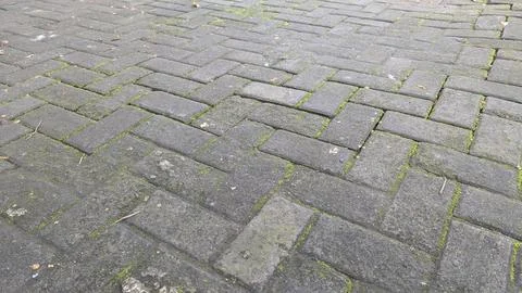 A low-angle perspective highlights a grey stone pavement arranged in a clas.. Stock Photos