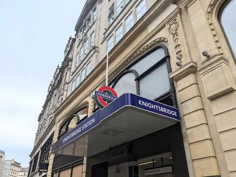 Low angle perspective of the iconic Knightsbridge Underground station entrance Stock Photos