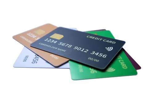 Low-angle perspective of overlapping multi-colored credit and debit cards o.. Stock Photos
