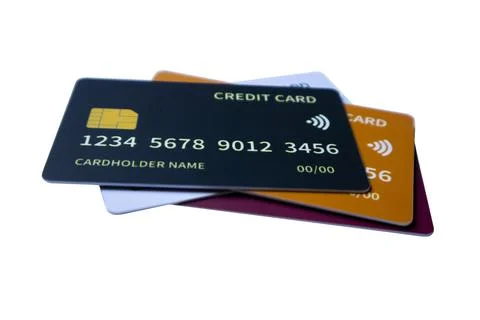Low-angle perspective of overlapping multi-colored credit and debit cards o.. Stock Photos