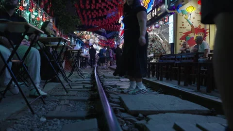 Low Angle Perspective of Railway Tracks at Hanoi Train Street. Stock Footage 323766490