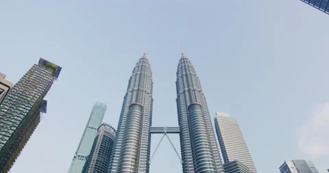 Low Angle of Petronas Twin Towers in Kuala Lumpur, Malaysia Stock Footage 147092285