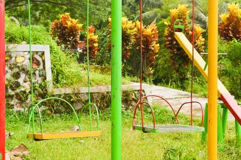 Low angle play area in a natural park in Wadaslintang, Indonesia Stock Photos