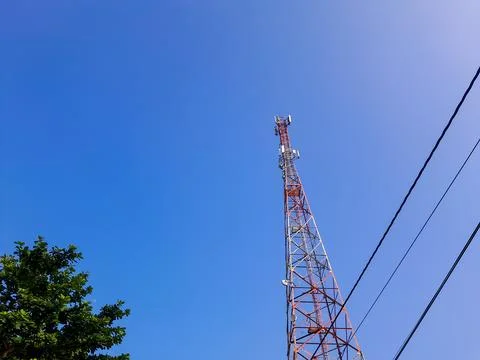 Low angle portrait of communication tower, cables and leaves in the corner Stock Photos