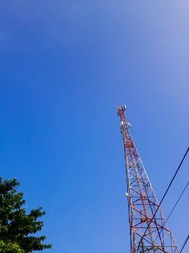 Low angle portrait of communication tower, cables and leaves in the corner Stock Photos