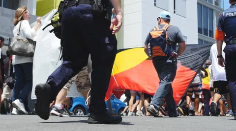 Low angle of protesters at the G20 in Brisbane 4K Stock Footage 43700791