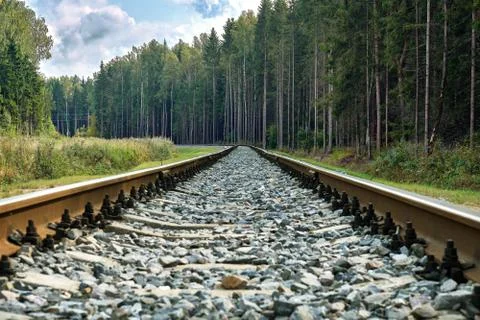 Low angle railway view with forest and cloudy sky in Russia 写真素材