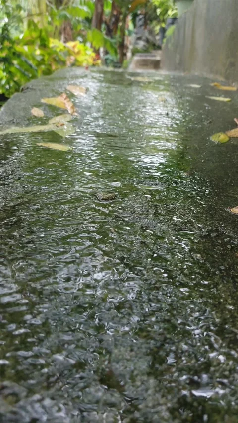 Low Angle of Rainwater Flowing Across Wet Concrete Surface. Stock Footage 346279459