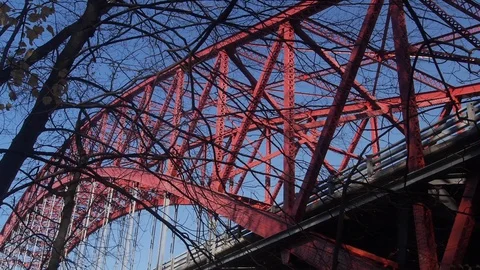 Low Angle of Red Bridge Stock Footage 129849105
