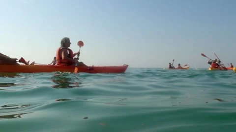 Low angle sea level view of tourists paddling in kayak 動画素材 280877010
