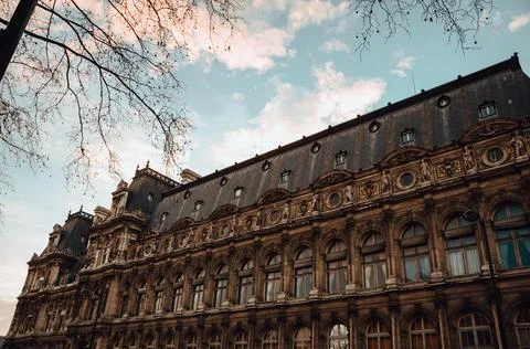 A low angle shot of ancient architecture in Paris, France under a cloudy sky  Stock Photos