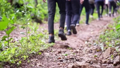 A low-angle shot of backpackers climbing a rugged mountain path of stones a.. Video stock 314206547