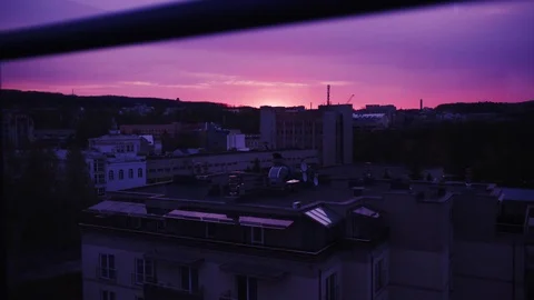Low angle shot of beautiful pink sunset with birds flying over skyline and Stock Footage 112673942