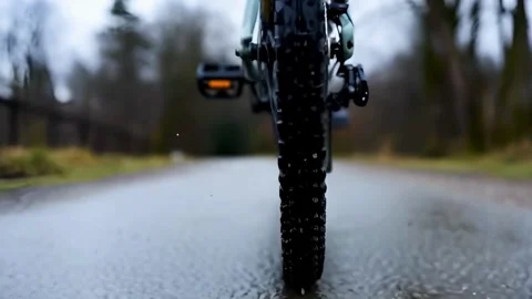 Low angle shot of bicycle wheel spinning on wet asphalt path during rainy w.. Stock Footage 321948197