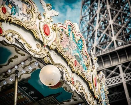 Low angle shot of a carousel in Paris, France, near the famous Eiffel Tower Stock Photos