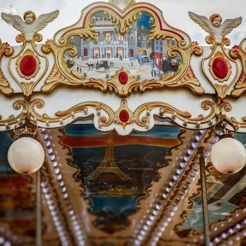 Low angle shot of a carousel in Paris, France, near the famous Eiffel Tower Stock Photos