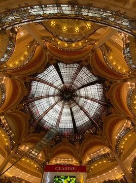 Low angle shot of the Ceiling of the Lafayette luxury shopping mall in Paris Stock Photos