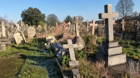 Low Angle Shot of Cemetery Stone Graves. Stock Footage 300066246