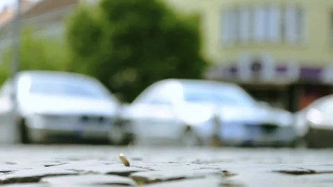 Low angle shot of central street, unrecognizable person drops coin, hand picks Video stock 105271603