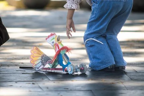 Low angle shot of child reaching down to traditional chicken noise maker toy Stock Photos