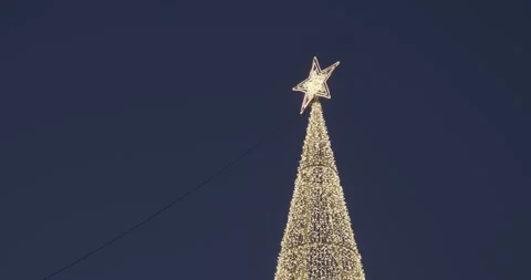 Low angle shot of Christmas light tree isolated on dark blue sky at dusk Видео 140583548