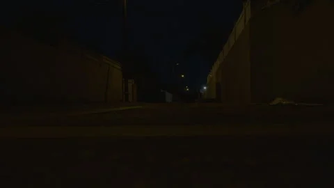 Low angle shot of dark narrow street with scarce lanterns and few buildings. Stock Footage 286255188