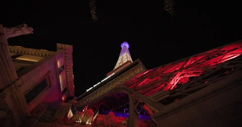 Low-angle shot of the Eiffel Tower replica, Paris Las Vegas Hotel, Paradise, Stock Footage 250707074