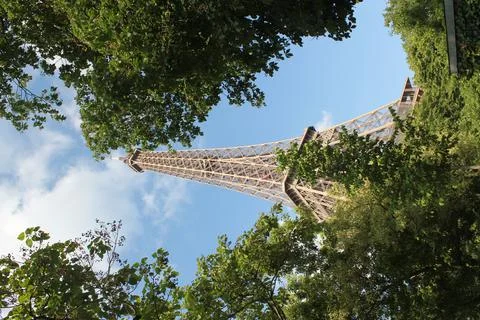 Low angle shot of the Eiffel Tower seen behind green trees in Paris, France Stock Photos