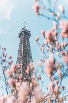 Low-angle shot of the Eiffel Tower in Paris against a blue cloudy sky in spring Stock Photos