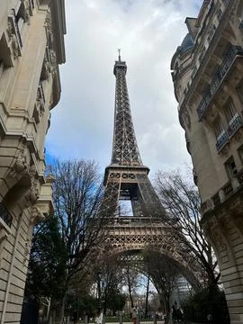 Low angle shot of the Eiffel Tower in Paris under a cloudy sky 写真素材