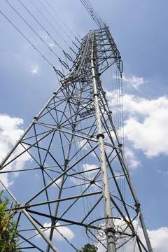 Low angle shot of Electricity tower for tansmission line in Japan. Stock Photos