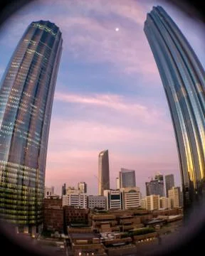 Low angle shot with a fish eye lens of the WTC Tower on a cloudy sunset Stock Photos
