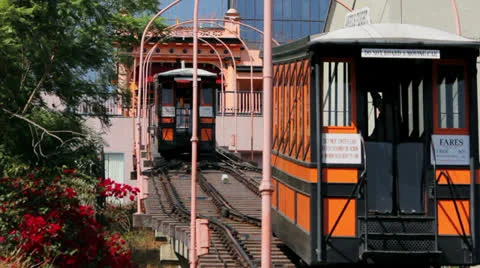 Low angle shot of funicular tram and cable car, transporting people. Video stock 24375022
