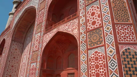 Low Angle Shot of Geometric Mosaic Patterns on Akbar Tomb Facade Stock Footage 333607730