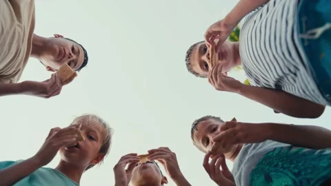 Low angle shot group of children friends picnic eat pizza sit on park grass Stockbeeldmateriaal 204750610