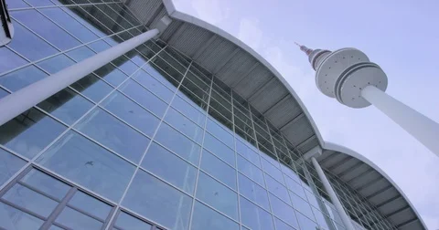 Low angle shot of Hamburg Messe and tv tower in Hamburg, Germany Stock Footage 77079393