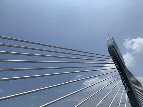 Low angle shot of Hanging bridge cables Stock-Fotos