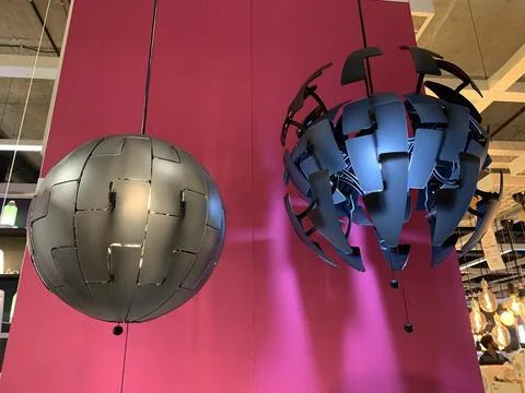 Low angle shot of hanging lights for office and home decor Stock-Fotos