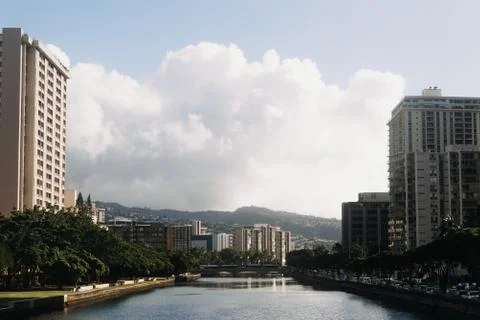 Low angle shot of huge buildings in magic island honolulu hawaii in USA Stock-Fotos